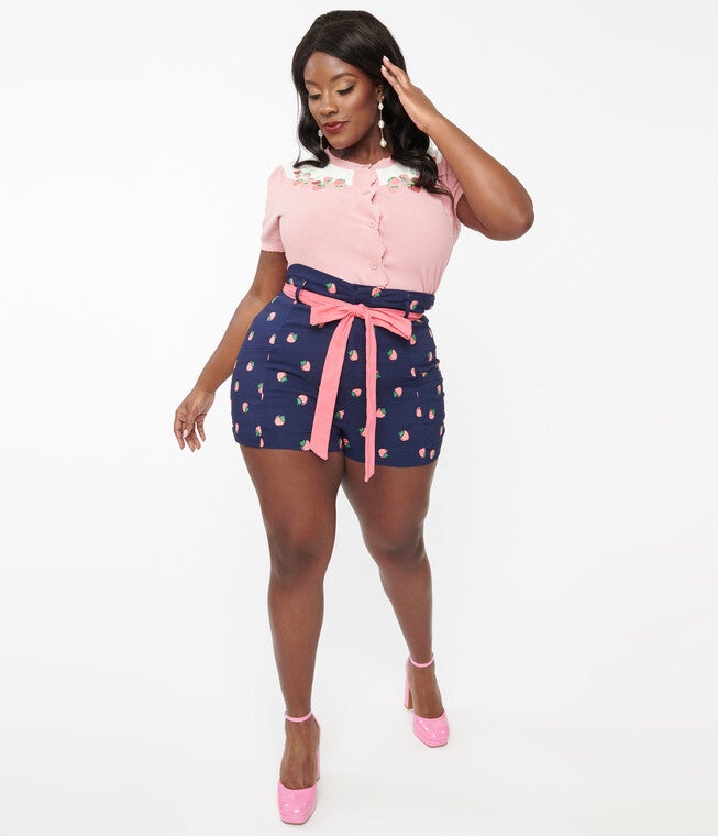 Unique Vintage Navy & Pink Strawberry Stamp Tied & True Shorts, Navy Pink Strawberry Stamp / Navy, hi-res image number null