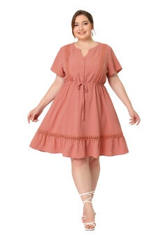 Button V Neck Summer Midi Ruffle A Line Swing Dress