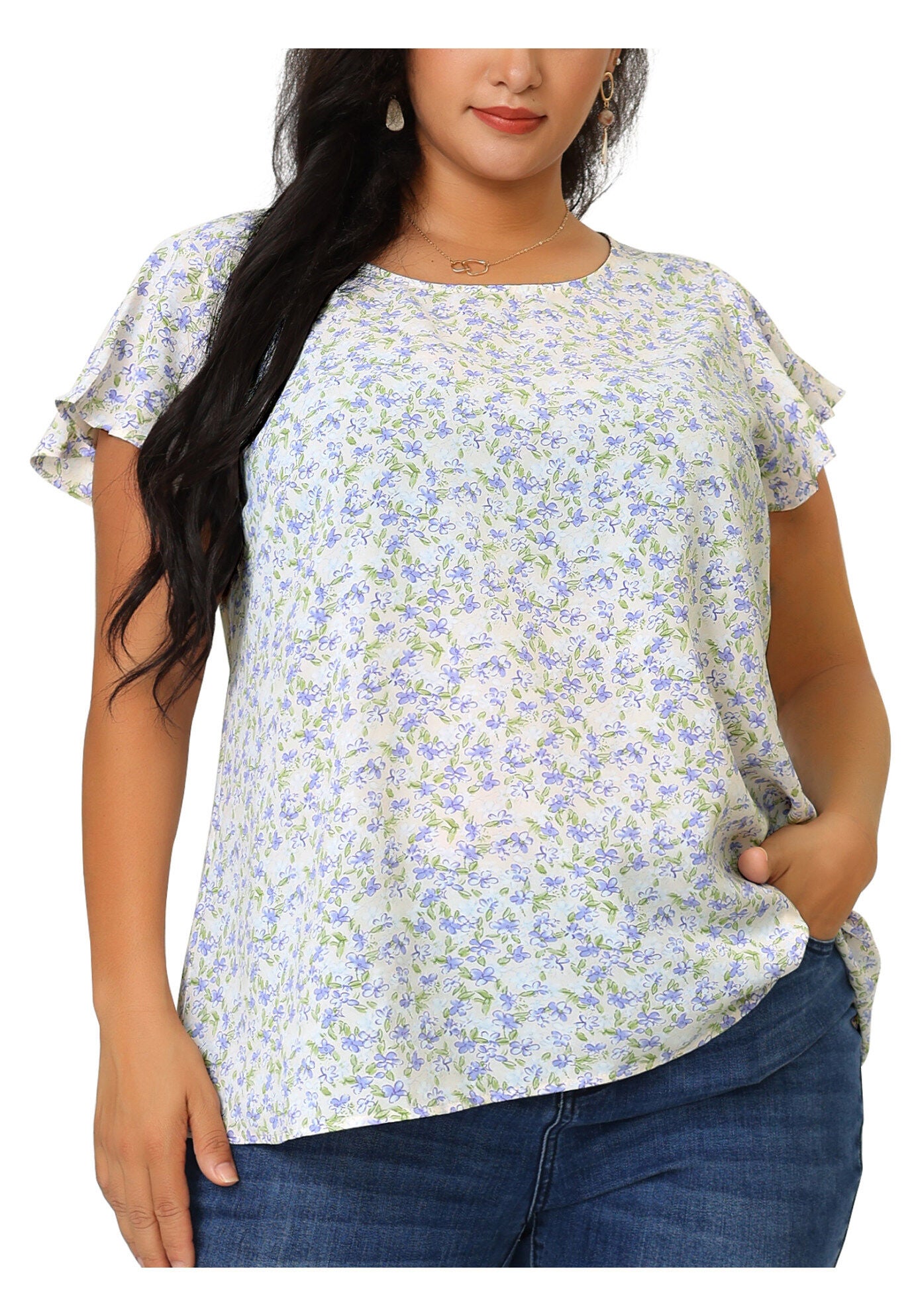 Summer Top Floral Round Neck Short Sleeves Ruffle Blouse, Light Purple / Purple, alternate image number 2