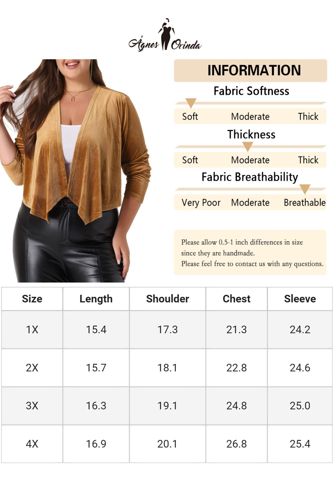 VELVET OPEN FRONT CROPPED JACKET CARDIGAN, Light Brown / Brown, alternate image number 4