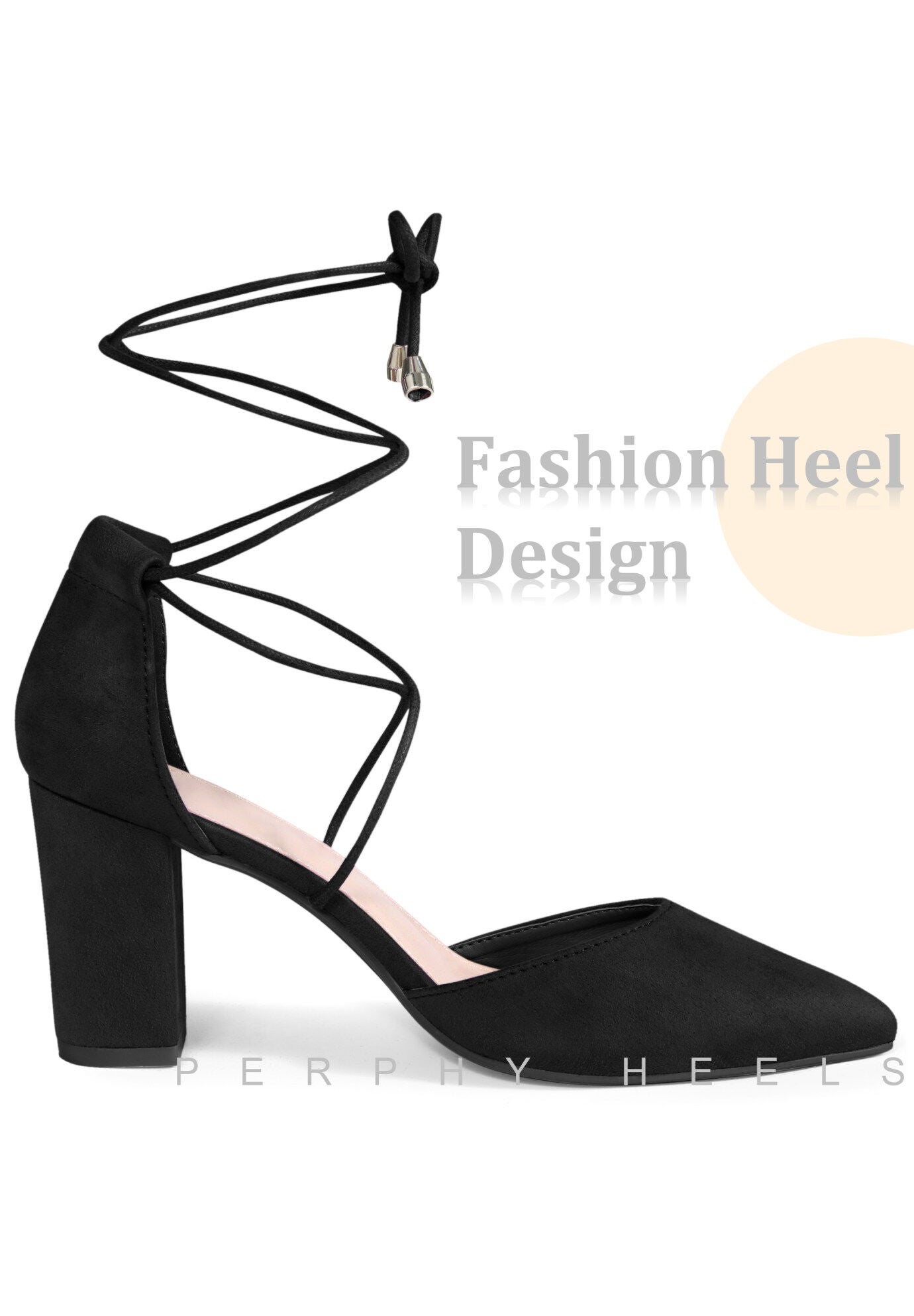Pointy Toe Lace Up Chunky Heeled Sandal Pumps, Black / Black, alternate image number 3