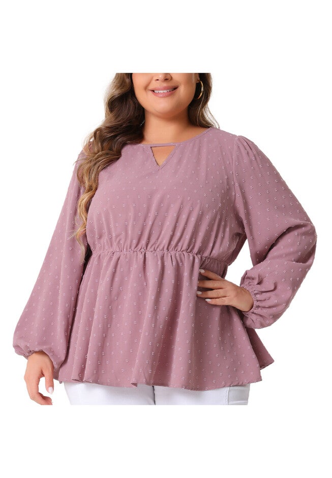 Textured Keyhole Cut Out Long Sleeve Swiss Dots Babydoll Peplum Blouse, Pink / Mauve, alternate image number null