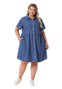Denim Babydoll Tiered Short Sleeve Button Down Jean Shirt Dress