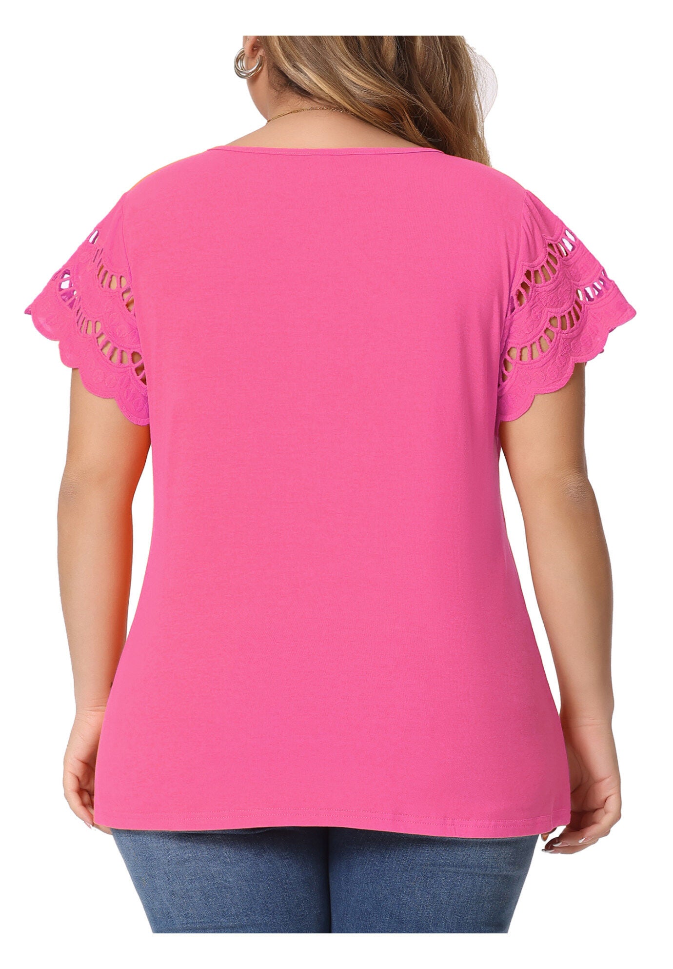 Lace Panel Hollow Short Sleeve Summer Blouse, Hot Pink / Magenta, alternate image number 3