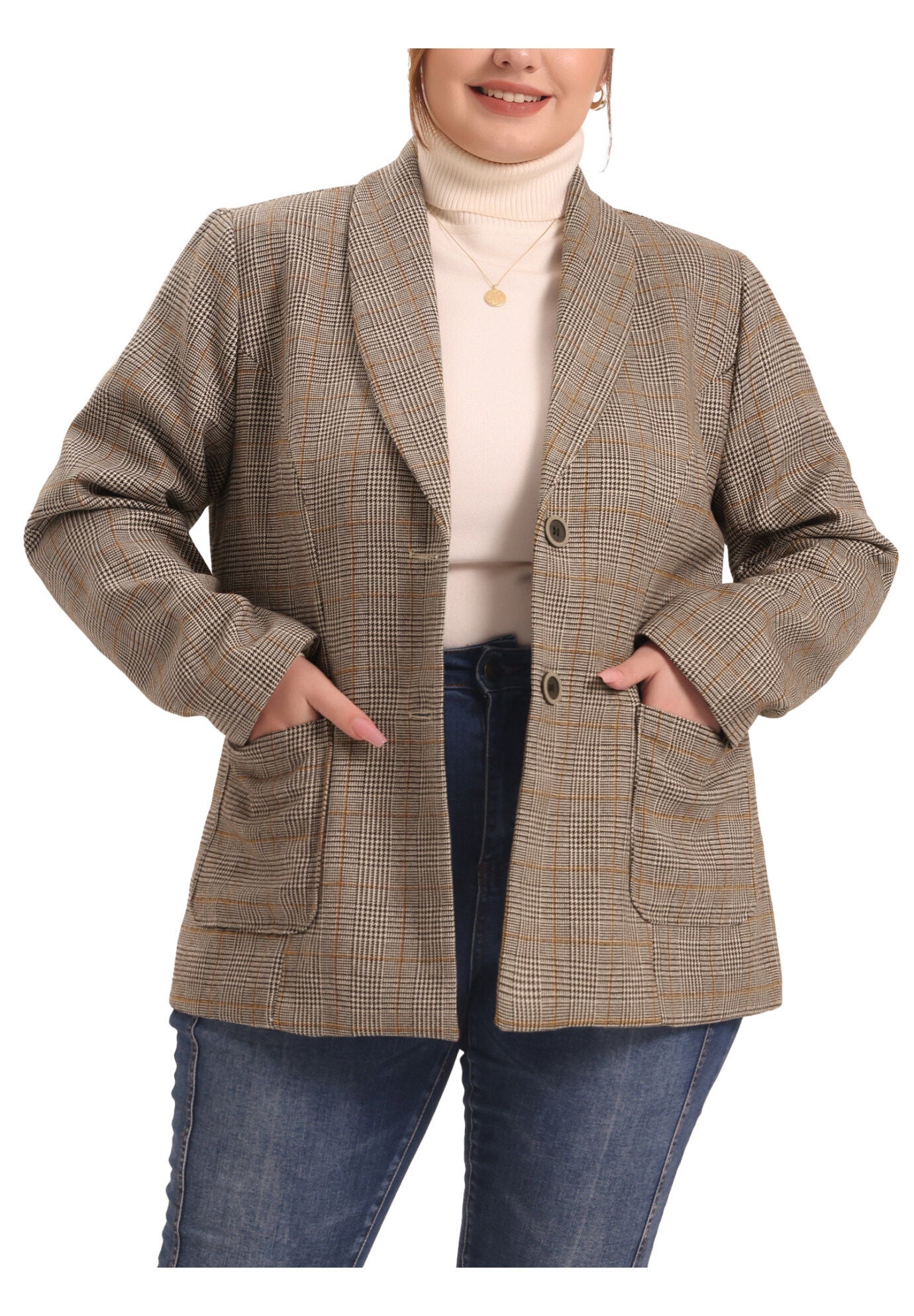 PLAID LAPEL SINGLE BREASTED BLAZER, Brown / Brown, alternate image number 2