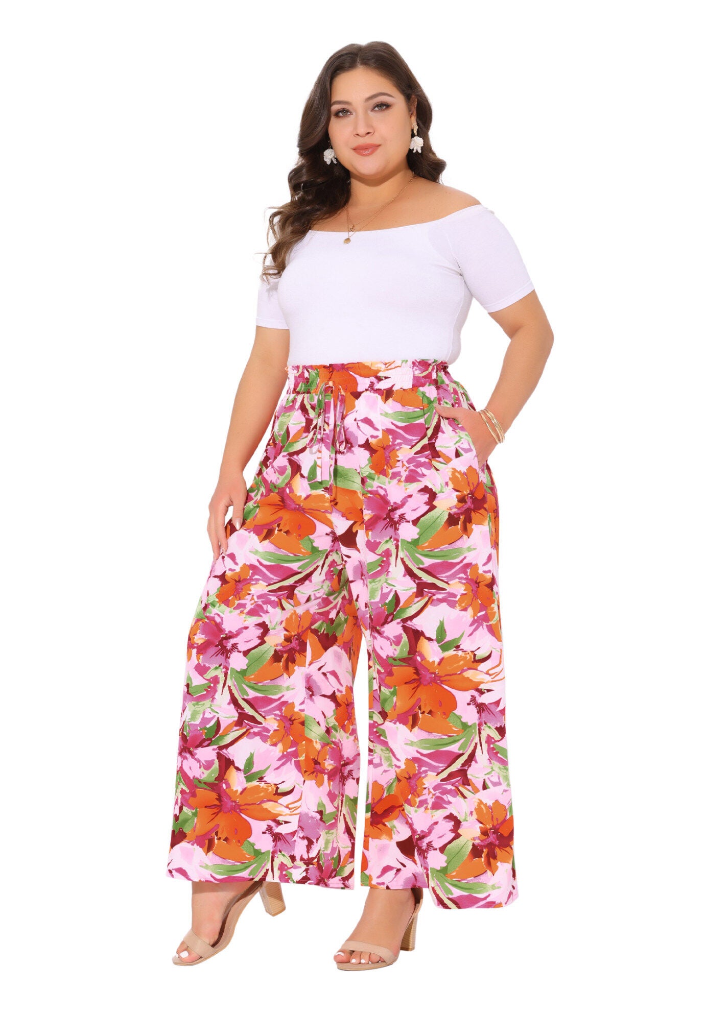 Wide Leg Floral Palazzo Pants Flowy Beach Trousers with Pocket, Pink Orange / Pink, hi-res image number 0