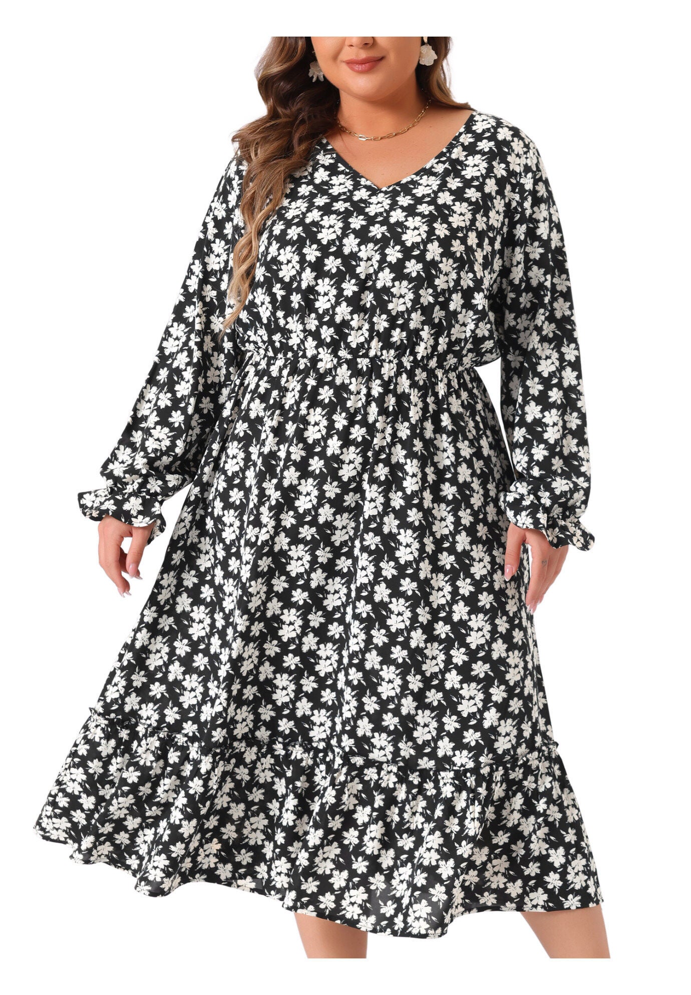 Boho Floral Print V Neck Long Sleeve Ruffle Hem Long Maxi Dress, Black / Black, alternate image number 1