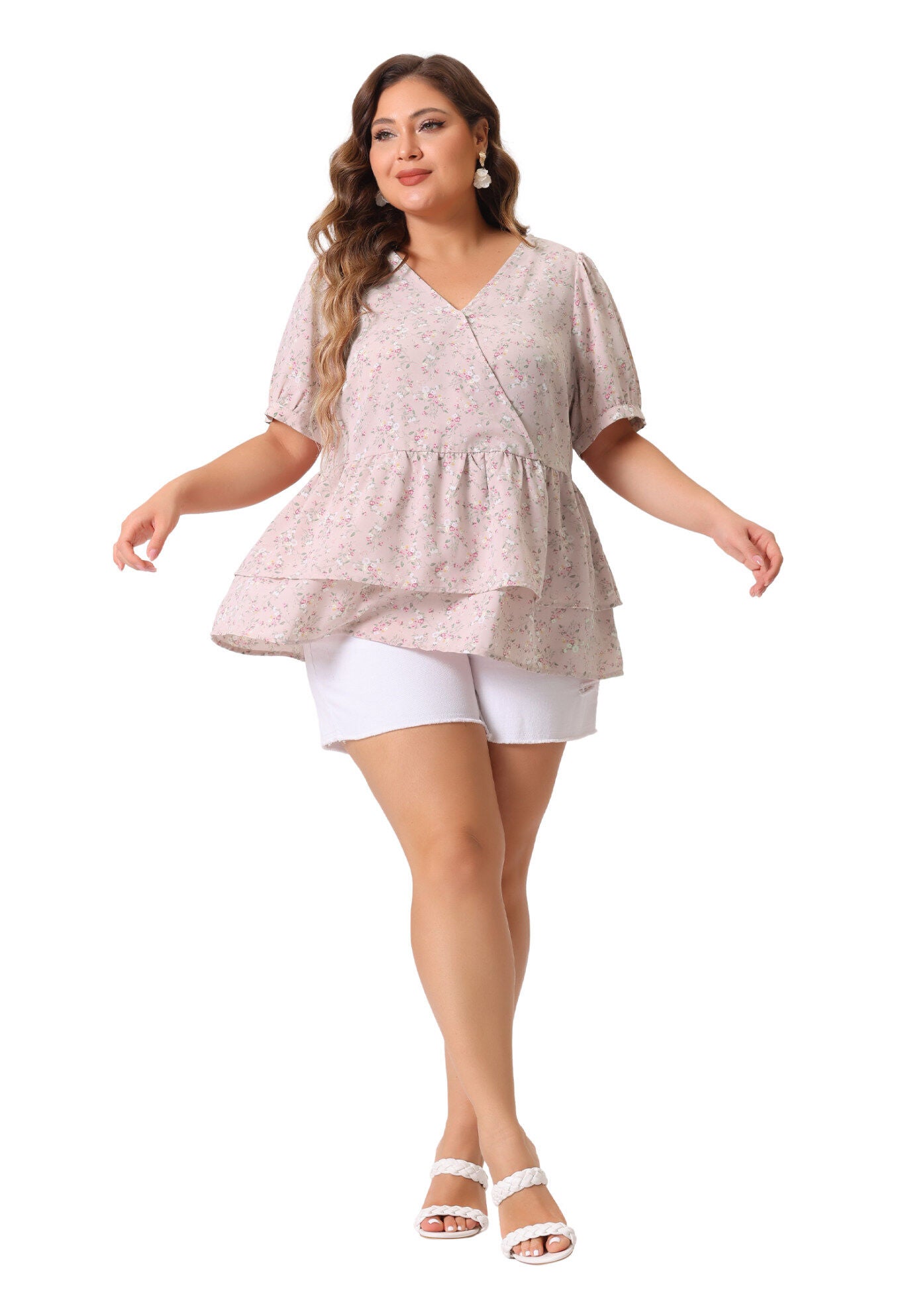 V Neck Short Sleeve Layered Peplum Top Summer Floral Blouse, Pink / Pink, hi-res image number 0