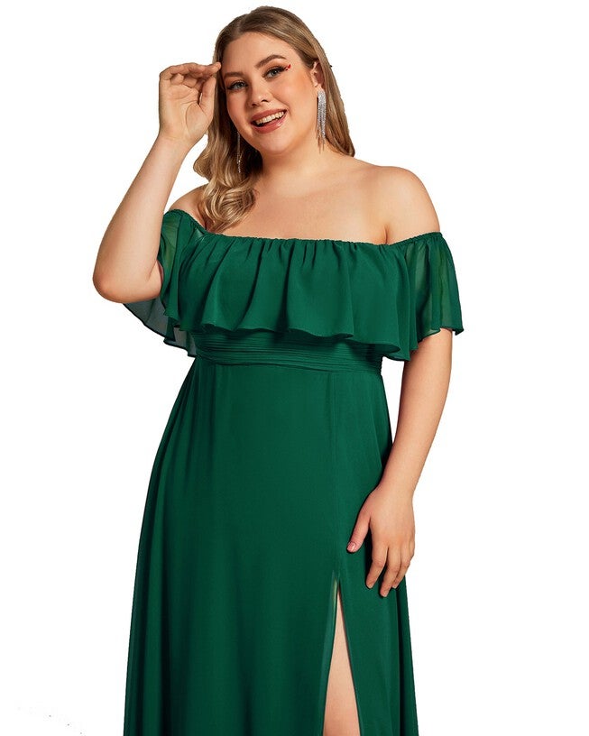Women's Off Shoulder Ruffle Thigh Slit Bridesmaid Dresses, Dark Green / Forest Green, alternate image number 4