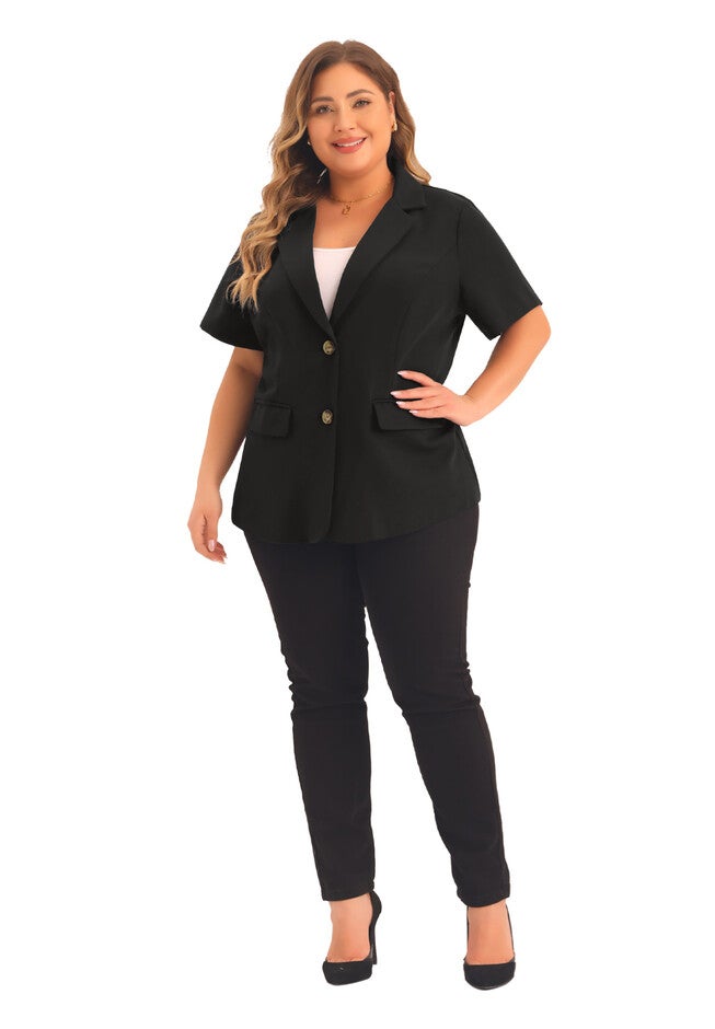 SHORT SLEEVE NOTCHED LAPEL BUTTON WORK BLAZER, Black / Black, hi-res image number 0