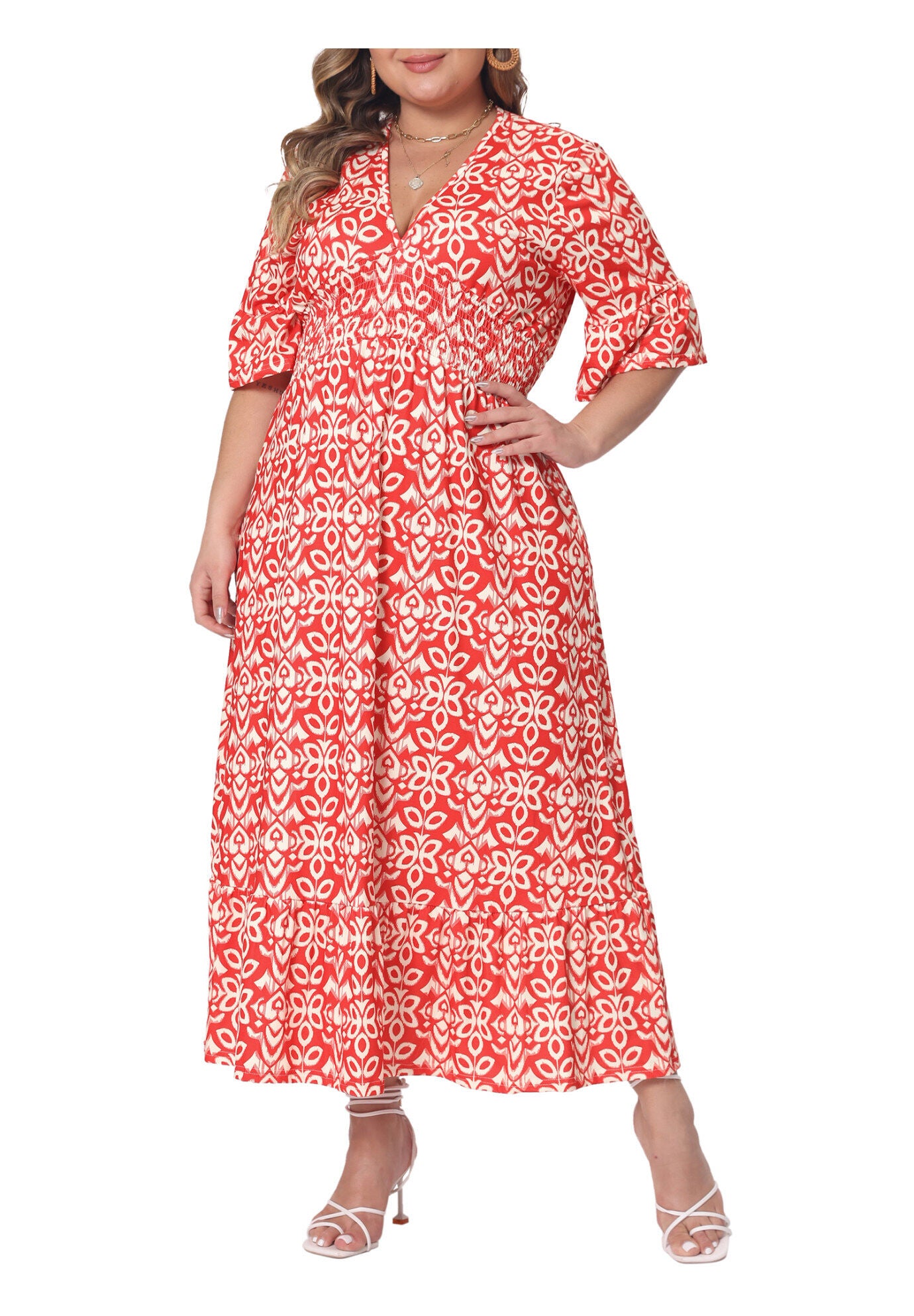 Bell Sleeve Ruffled Hem V Neck Short Sleeve Boho A Line Long Dress, Red / Red, alternate image number 1