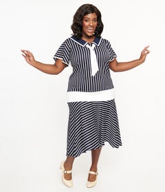 Unique Vintage 1920s Navy & White Striped Flapper Dress