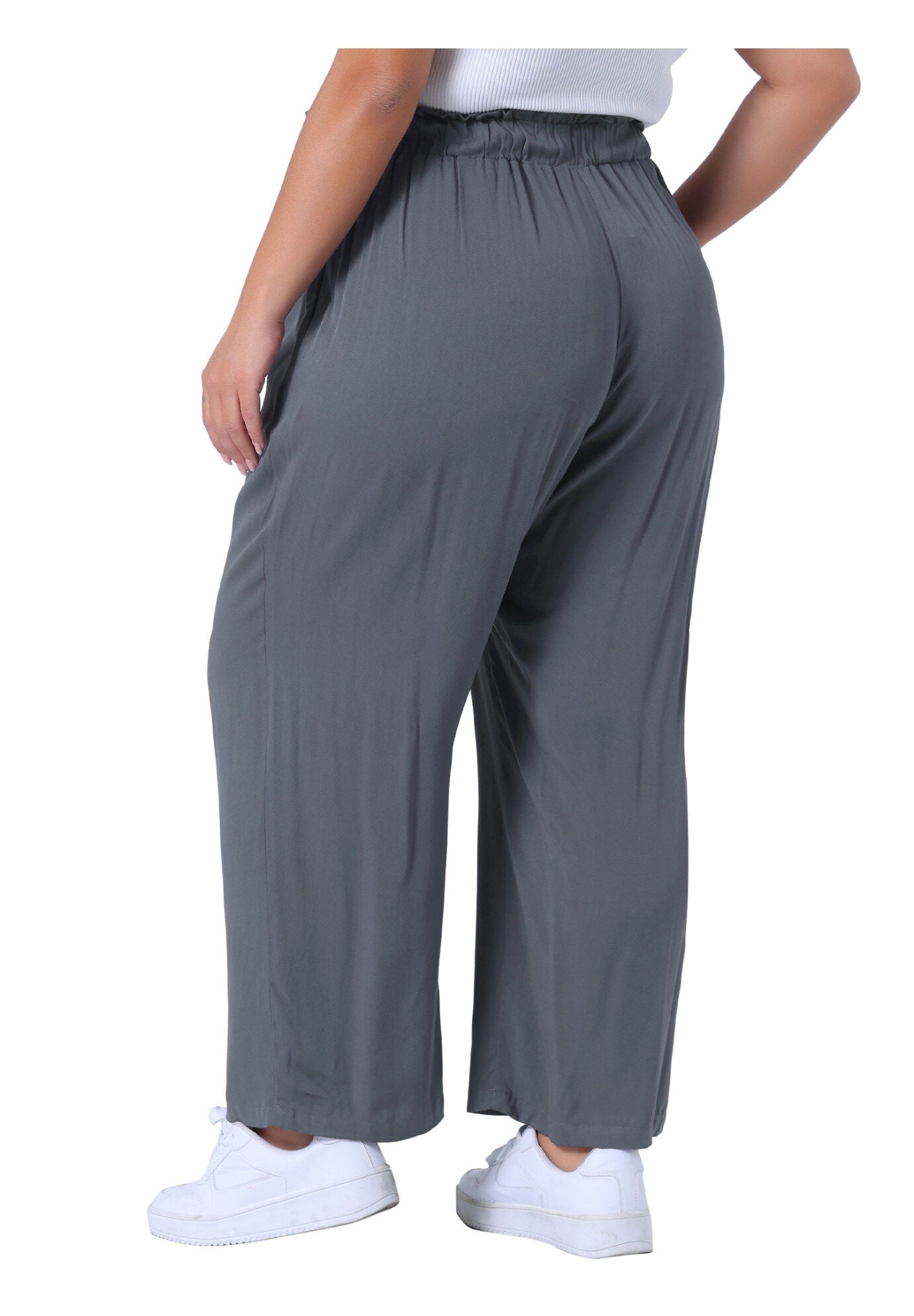 STRETCHY HIGH WAISTED WIDE LEG PALAZZO PANTS, Grey / Charcoal Grey, alternate image number 3