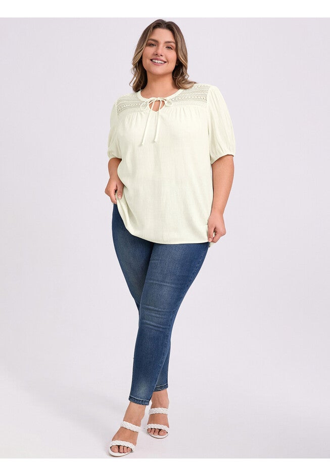 Lace Panel Tie Neck Top Half Puff Sleeve Blouse, White / White, alternate image number 1
