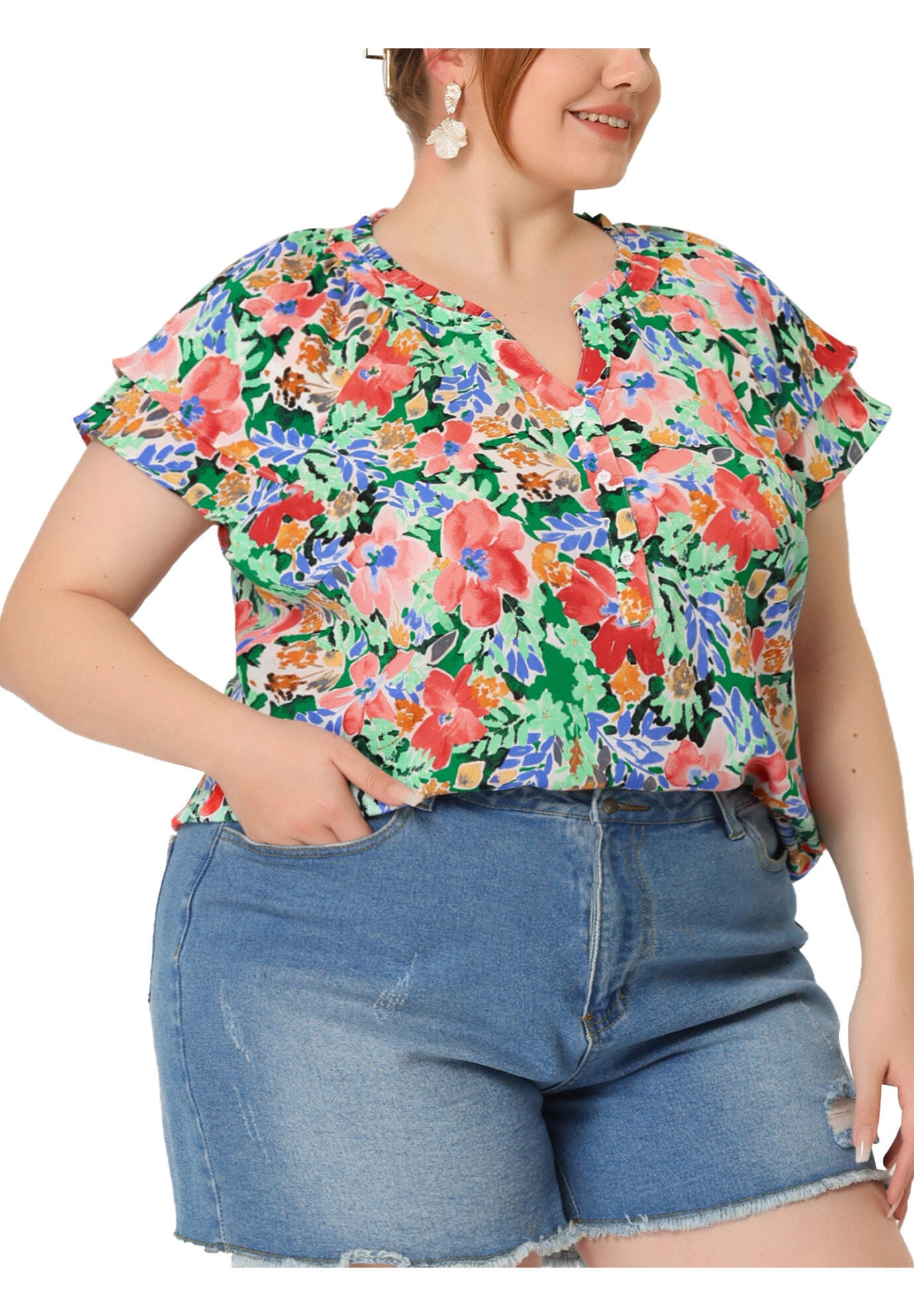 Floral Ruffle Trim V Neck Layered Sleeve Blouse, Green / Light Green, alternate image number 1