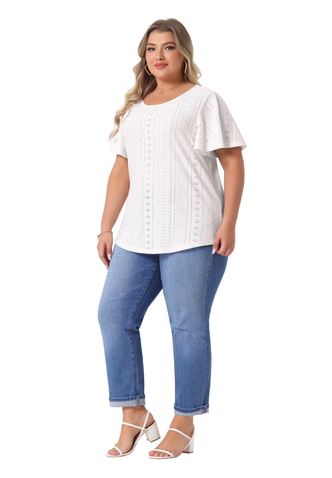 V NECK LOOSE FIT RUFFLE SLEEVE SUMMER HOLLOW TOP, White / White, hi-res image number 0