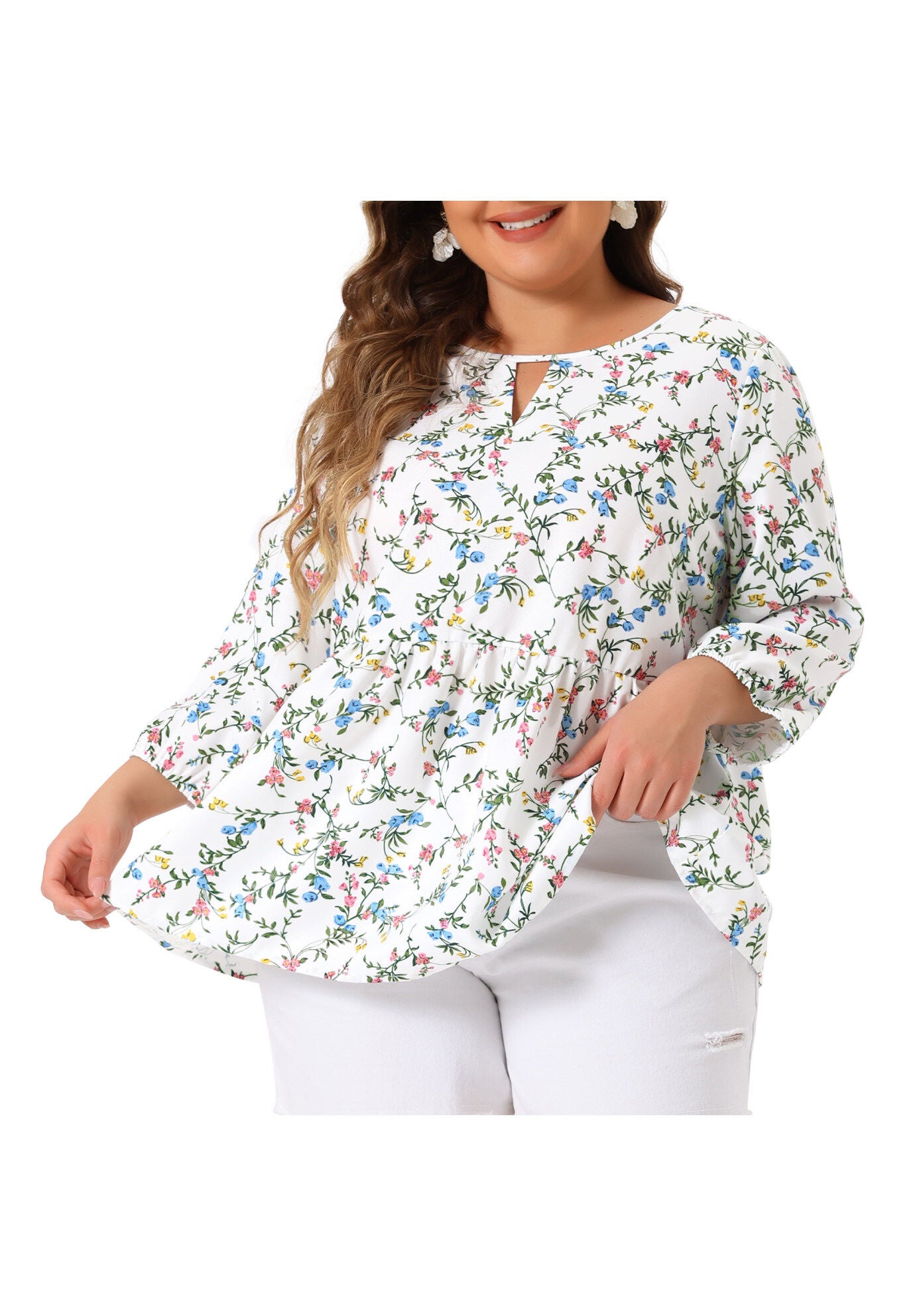 3/4 Sleeves Babydoll Chiffon Keyhole Floral Flowy Top Blouse, White / White, alternate image number 2