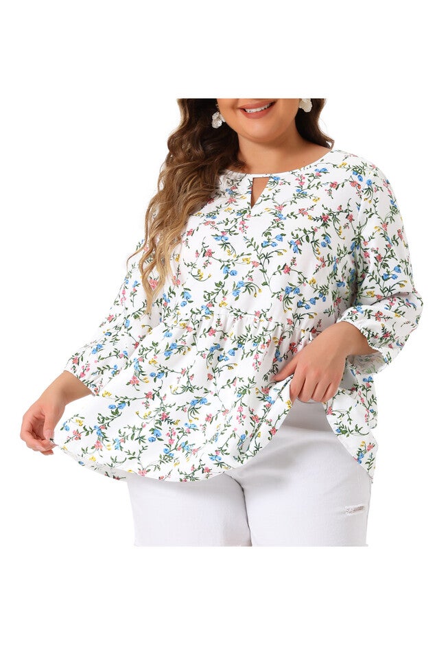 3/4 Sleeves Babydoll Chiffon Keyhole Floral Flowy Top Blouse, White / White, alternate image number 2