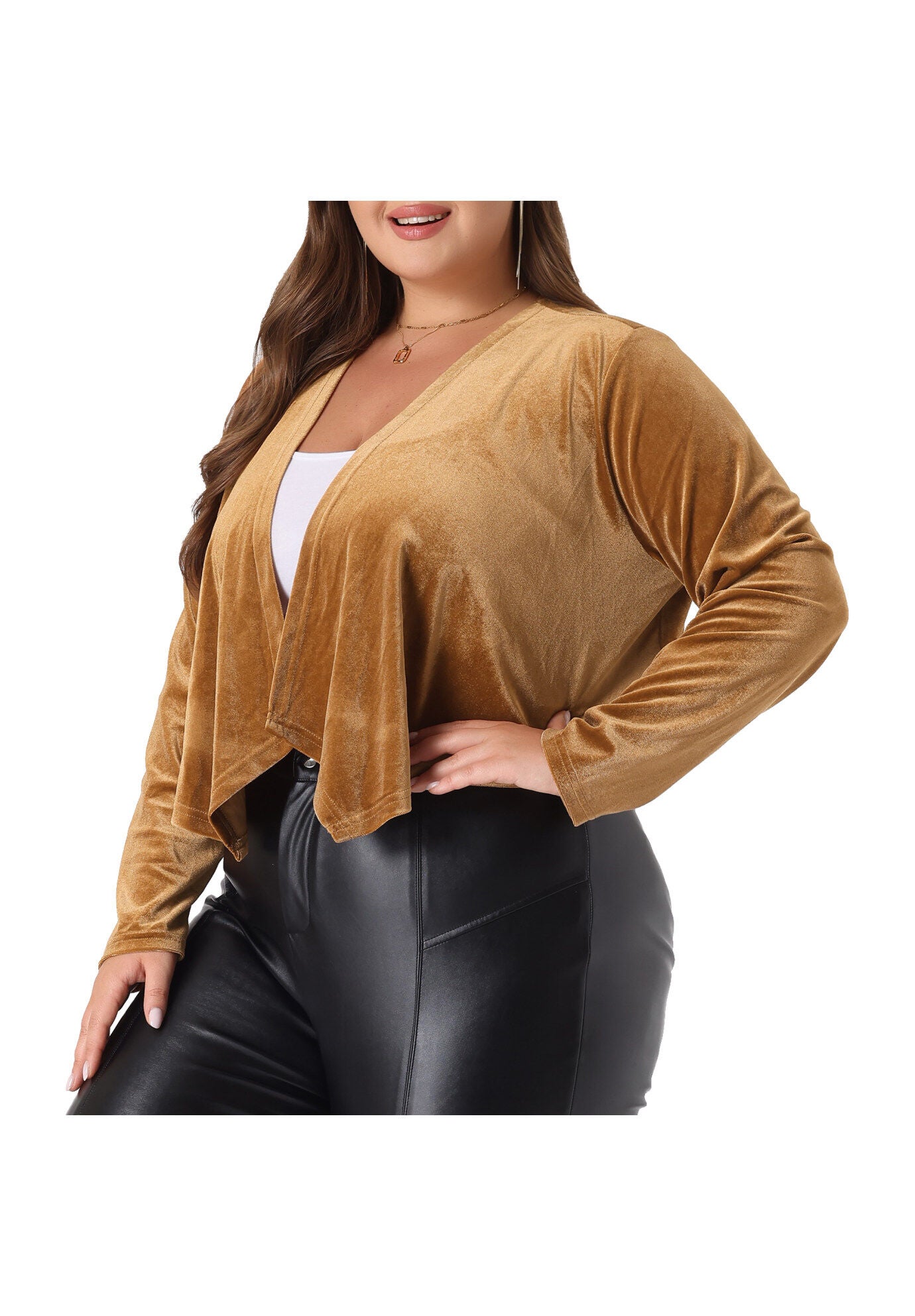 VELVET OPEN FRONT CROPPED JACKET CARDIGAN, Light Brown / Brown, alternate image number 1