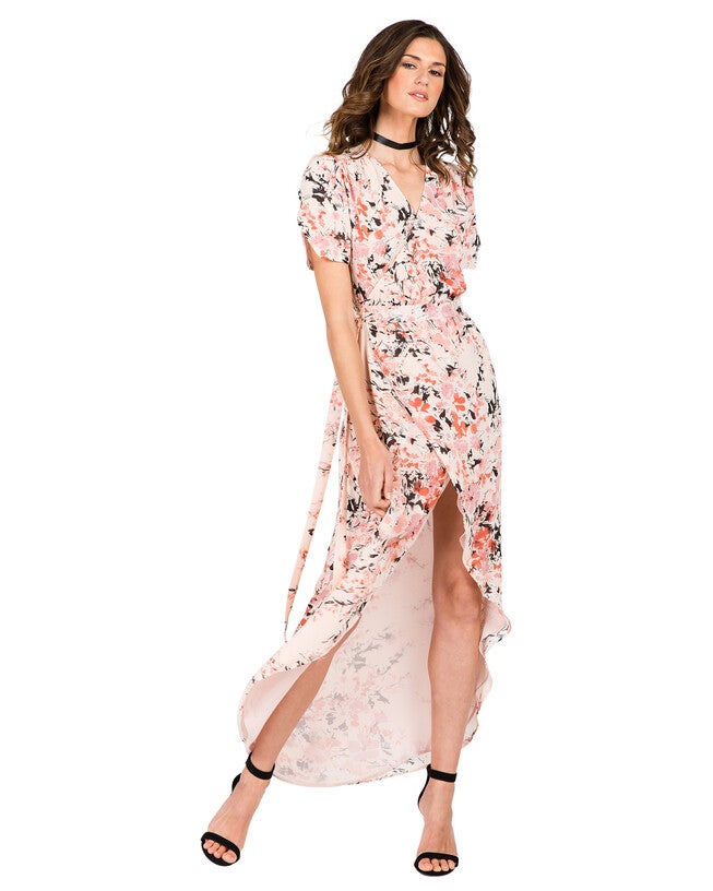 Robin Short Sleeve V-Neck Maxi Dress Peach Pink Floral Print, Garden Floral / Pink, alternate image number 1