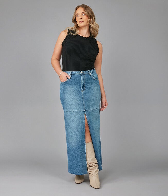 MADLYN-TLT High Rise Denim Maxi Skirt, Twilight / Medium Wash, hi-res image number 0
