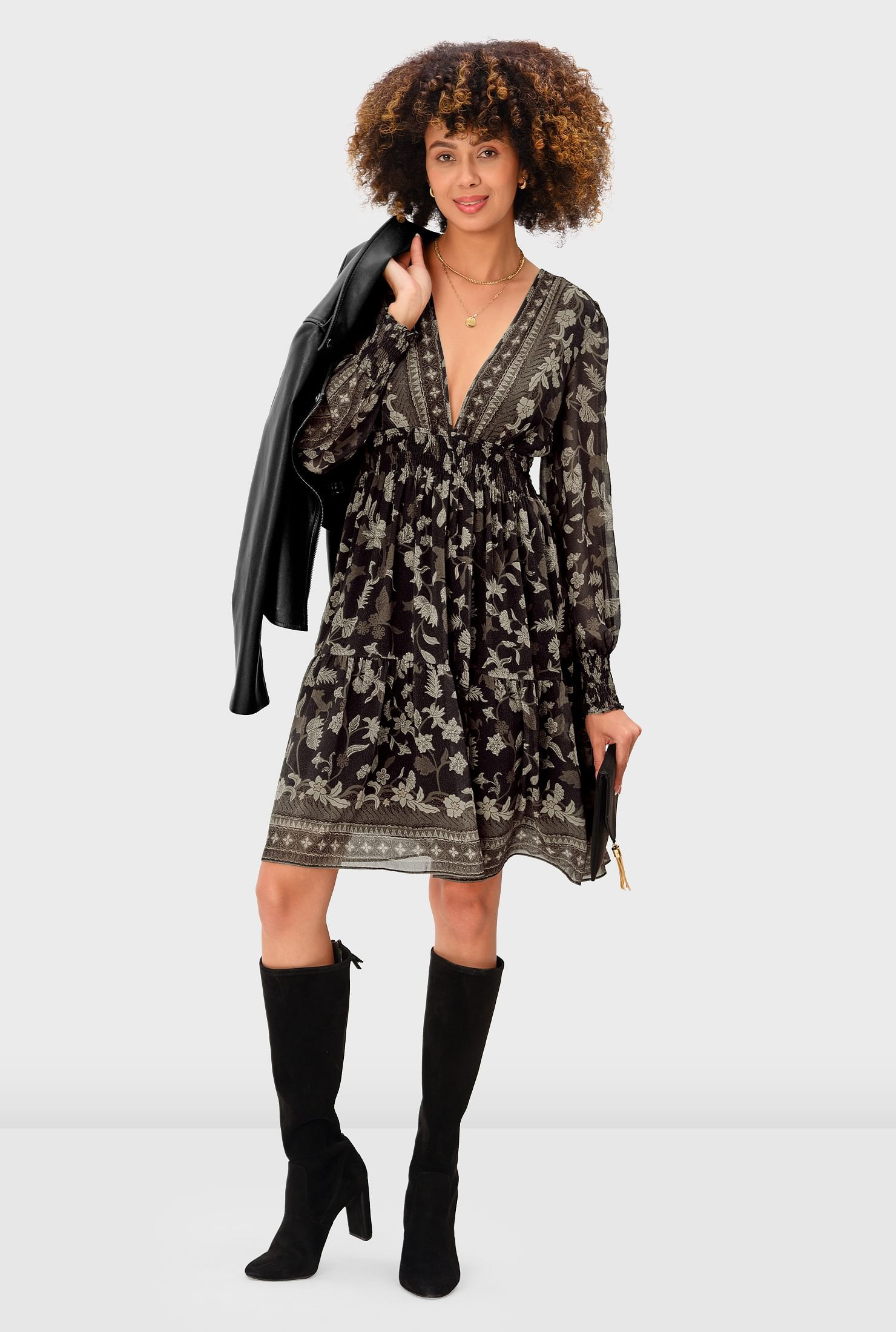 Floral Print Georgette Smocked Dress, Deep Brown / Brown, hi-res image number 0