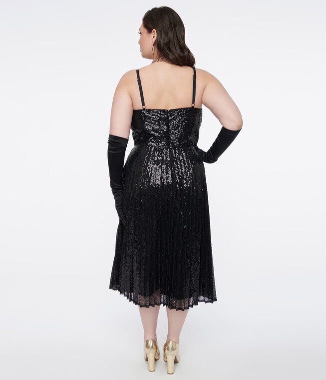 Unique Vintage 1950s Black Pleated Sequin Swing Dress, Black Sequin / Black, alternate image number null