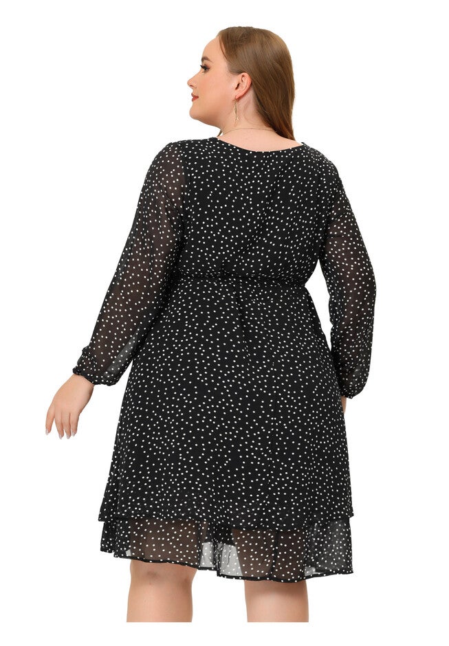 Chiffon Polka Dots Tie Waist Long Sleeve Dress, Black / Black, alternate image number 3