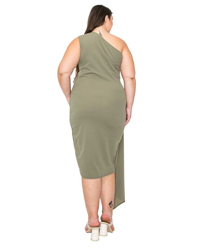 ESME FRONT DRAPED SASH DRESS, Dark Sage / Olive Green, alternate image number 2
