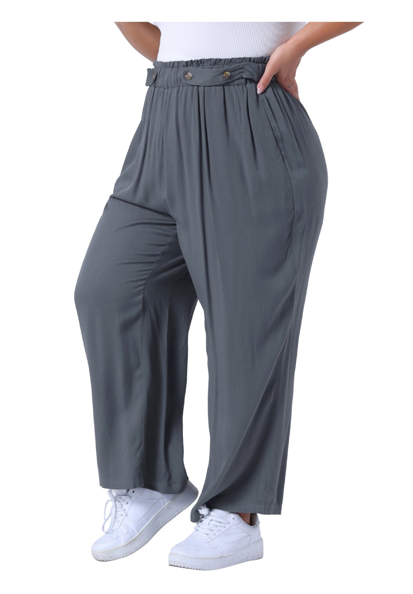 STRETCHY HIGH WAISTED WIDE LEG PALAZZO PANTS, Grey / Charcoal Grey, alternate image number 1