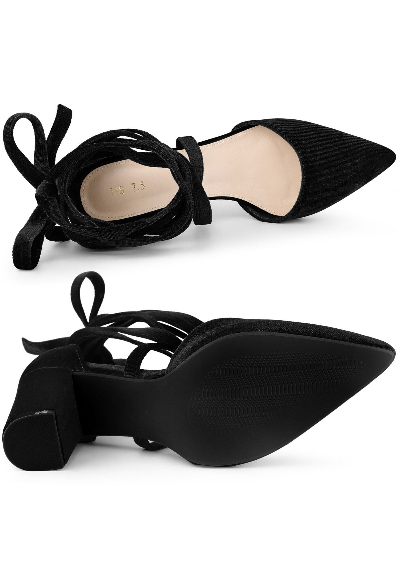 Velvet Lace Up Chunky Heels Pointed Toe Pumps, Black / Black, alternate image number 3