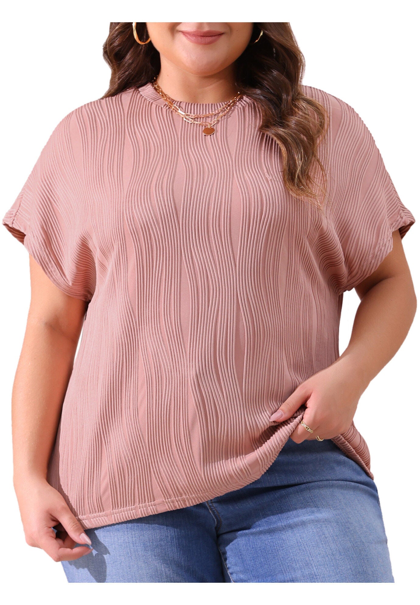 Short Sleeve Textured Top Crewneck T-Shirt, Pink / Pink, alternate image number 2