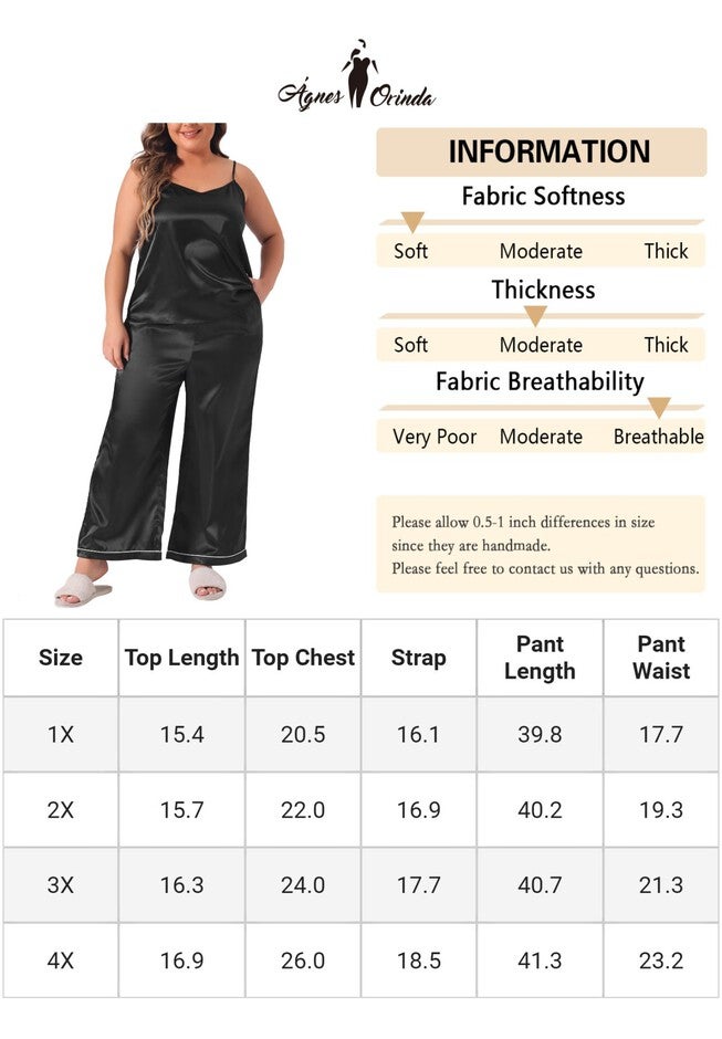 Satin Pajama Set 2 Piece Cami Top and Pants with Pockets, Black / Black, alternate image number null