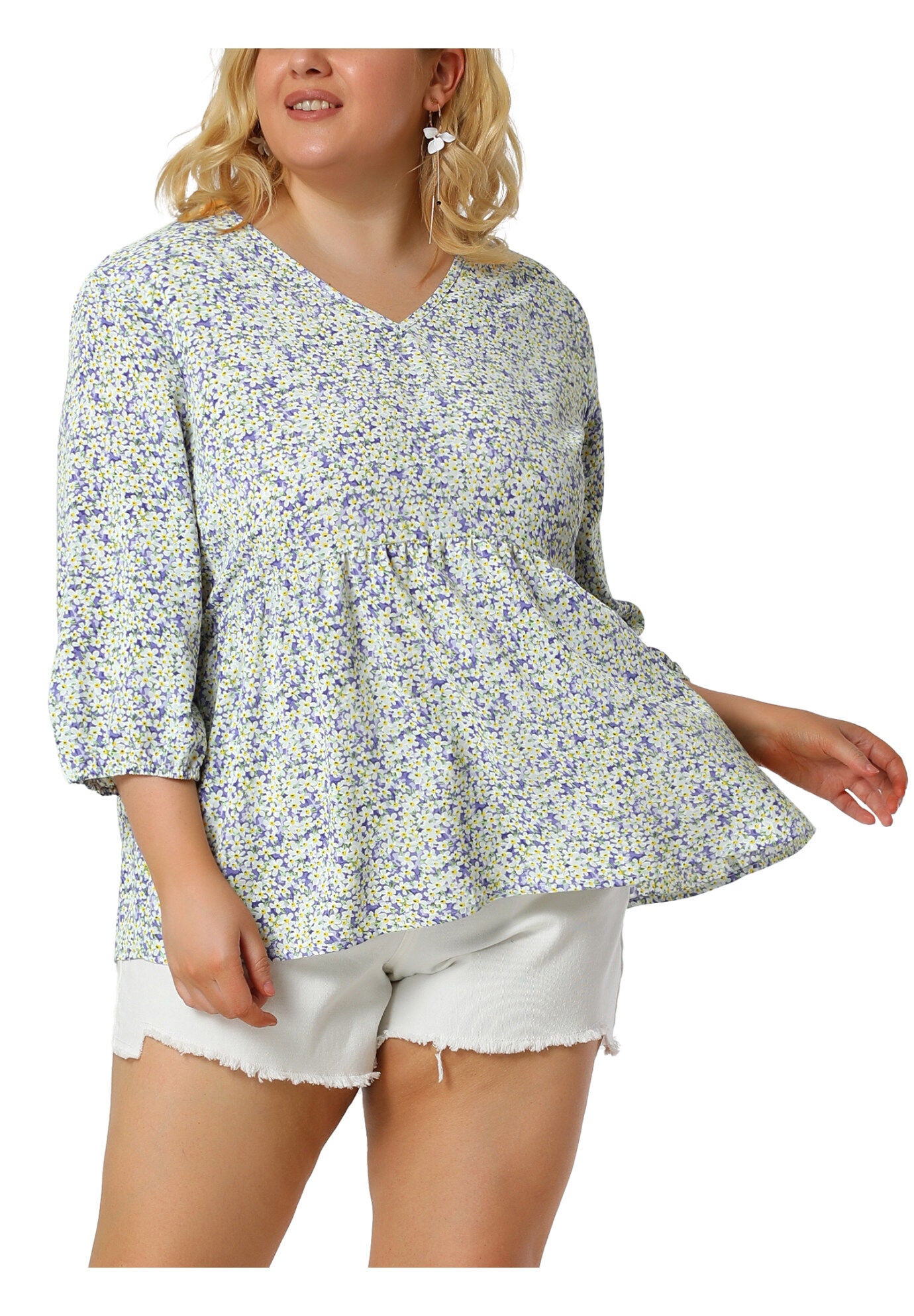 V Neck Babydoll Flowy 3/4 Lantern Sleeve Floral Blouse, Lavender / Purple, alternate image number 2