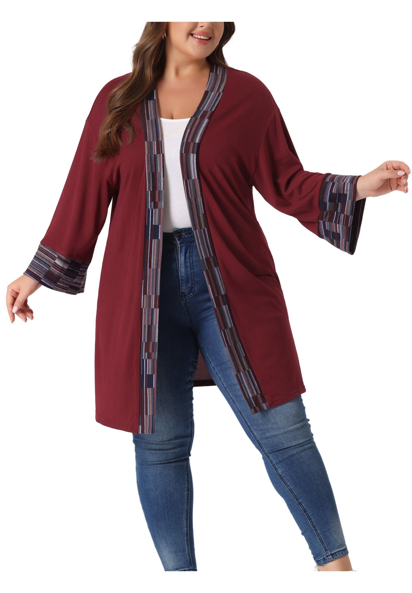 OPEN FRONT BOHO BOHEMIAN KNIT CARDIGAN, Burgundy / Red, alternate image number 1