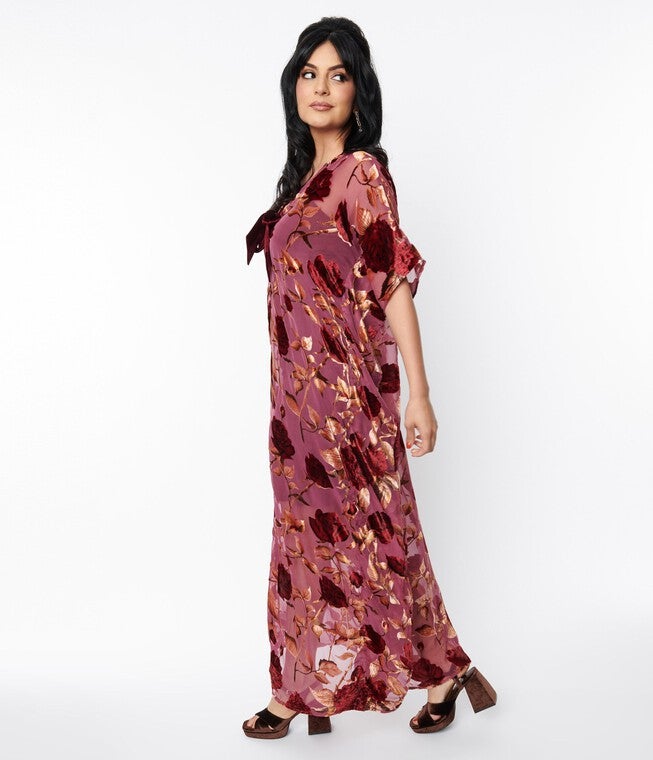 Unique Vintage Sheer Red Rose Velvet Burnout Bow Front Caftan, RedFloral / Red, alternate image number null
