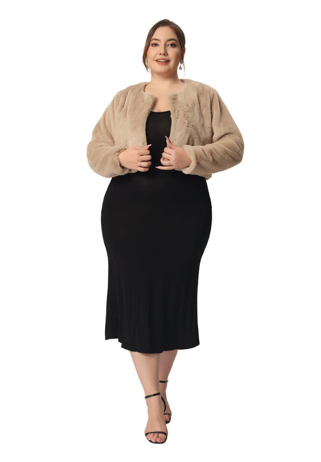 OPEN FRONT CROPPED FAUX FUR FLUFFY JACKET, Dark Apricot / Brown, hi-res image number 0