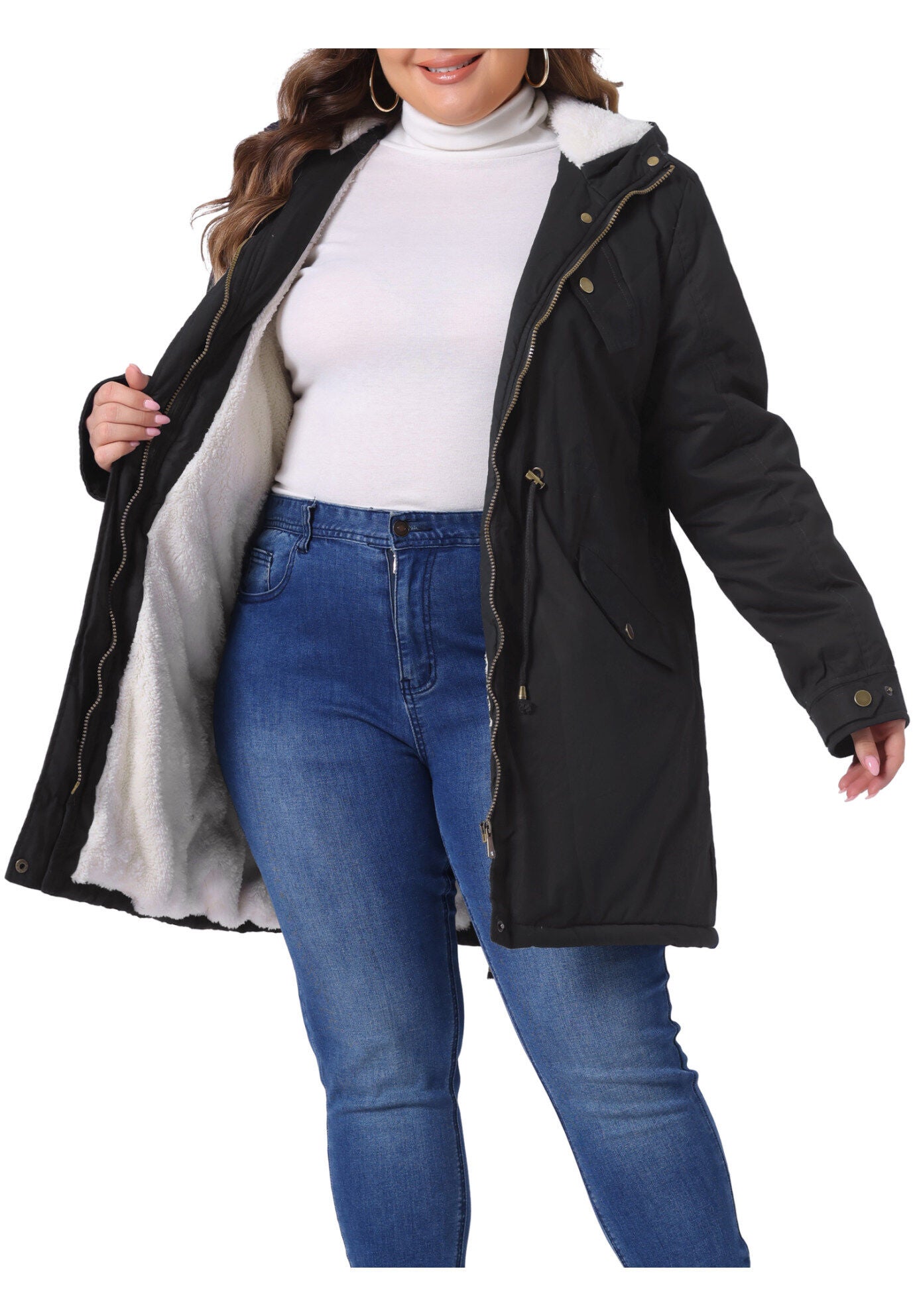 HOODED PARKAS JACKET FAUX FUR LINED LONG ANORAK COAT, Black / Black, alternate image number 2