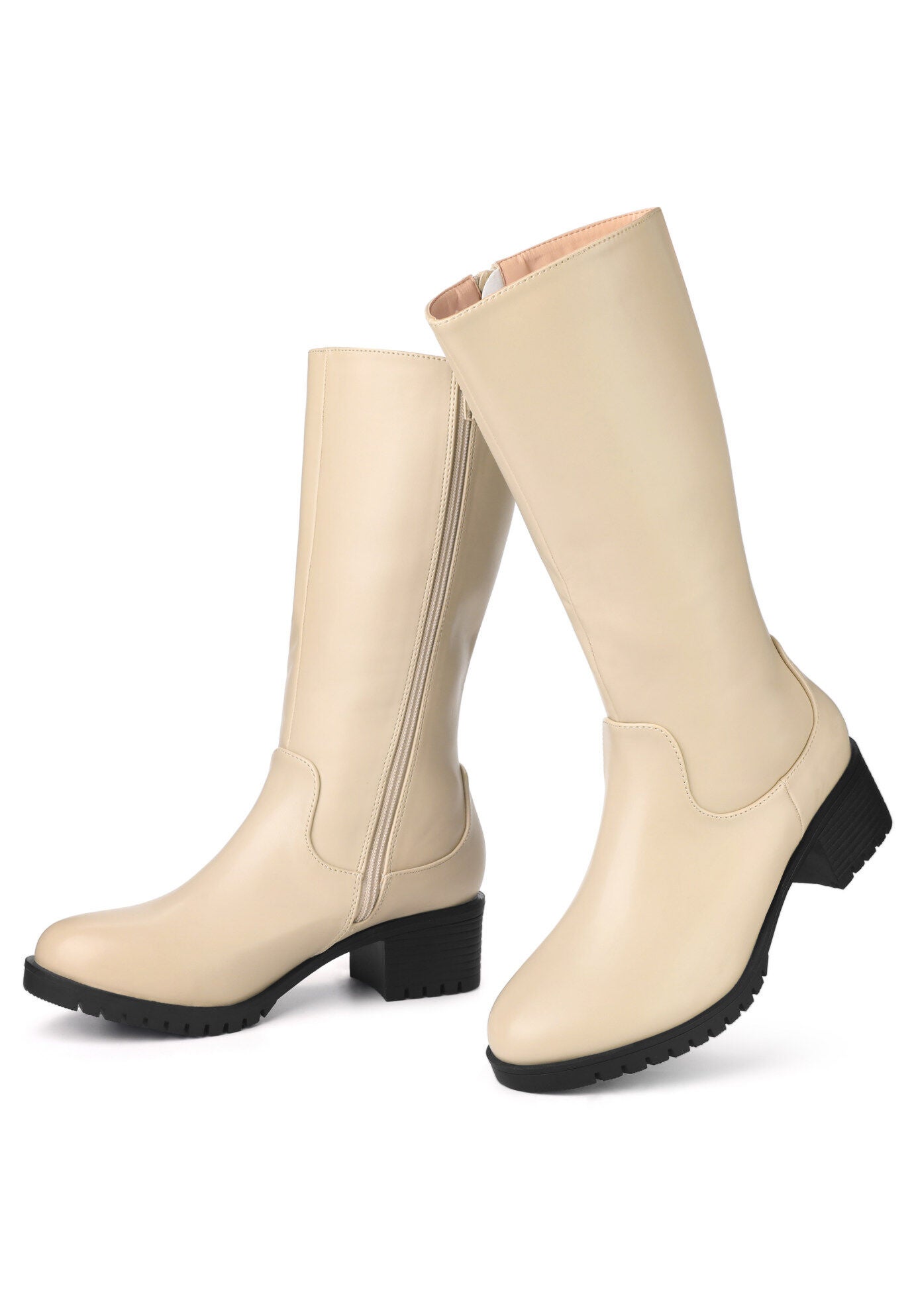 Riding Combat Boot Round Toe Chunky Heels Mid Calf Boots, Tan / Tan, alternate image number 1