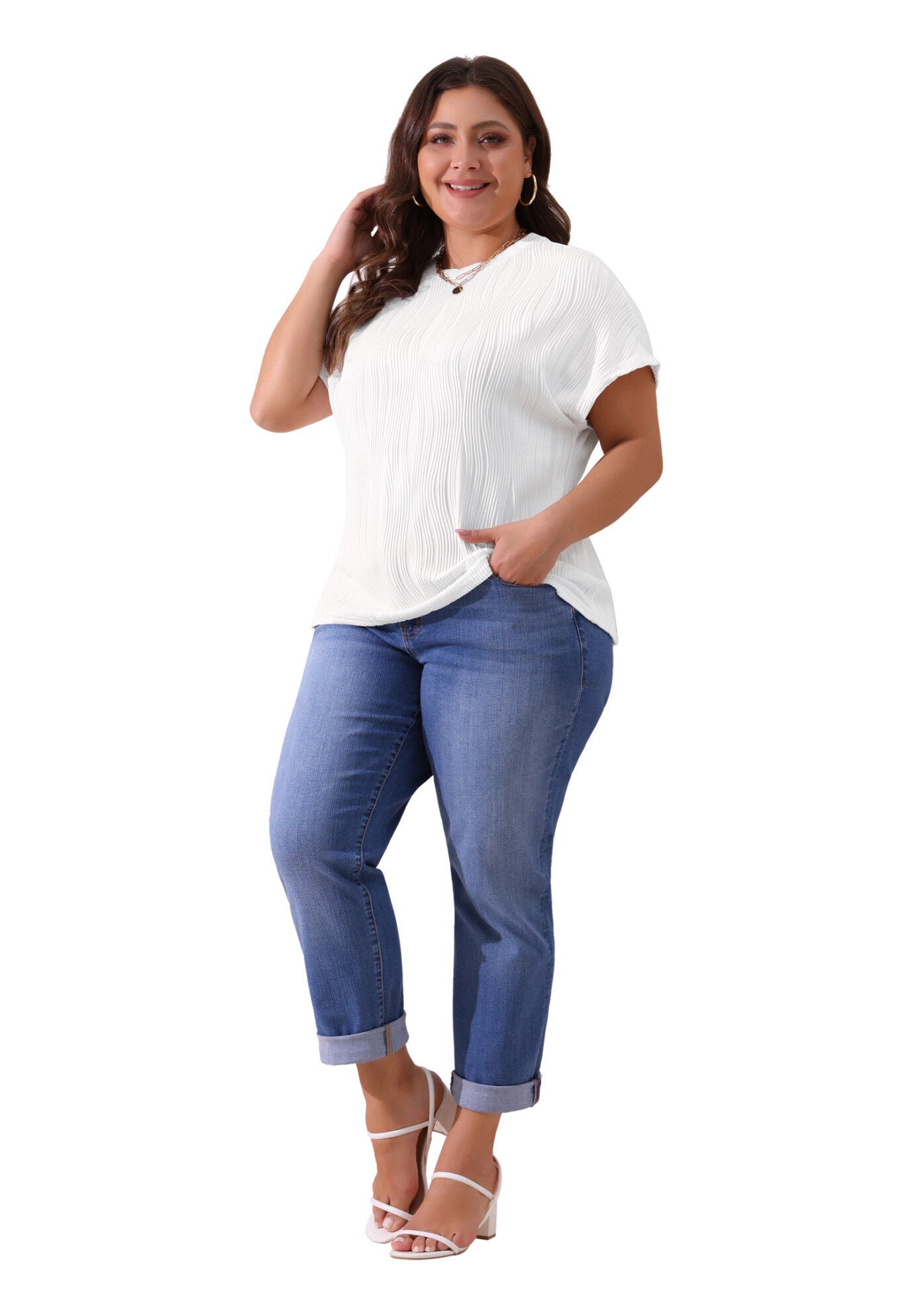 Short Sleeve Textured Top Crewneck T-Shirt, White / White, hi-res image number 0