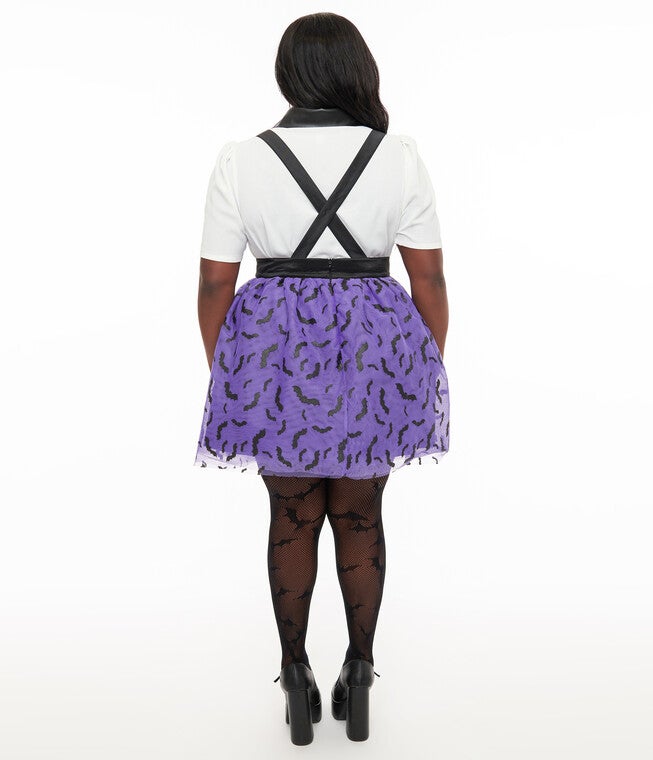 Purple & Black Glitter Bat Print Tulle Suspender Mini Skirt, Purple Black Glitter / Purple, alternate image number null