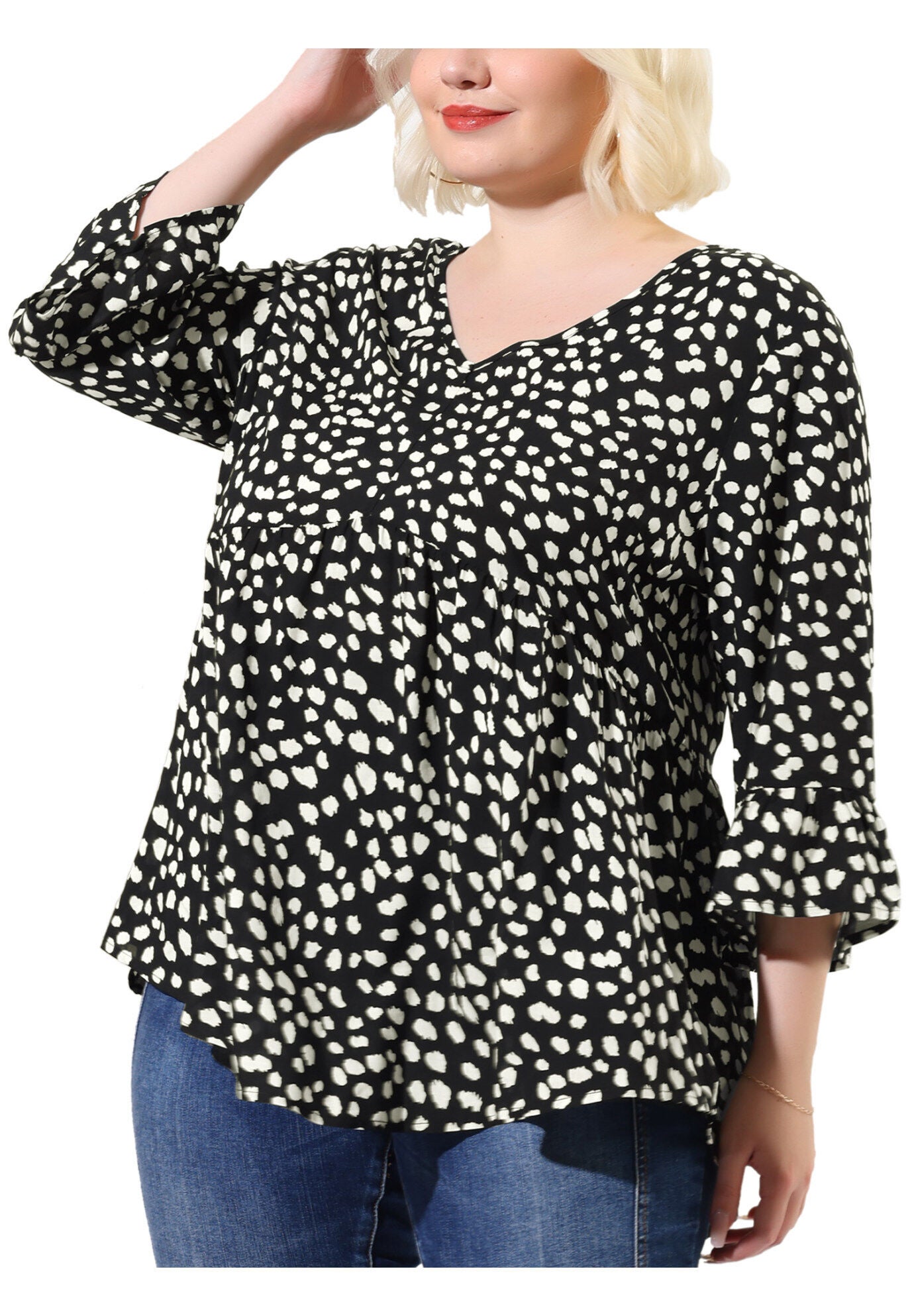 Polka Dots Blouse 3/4 Ruffle Sleeve Peplum Top, Black / Black, alternate image number 2