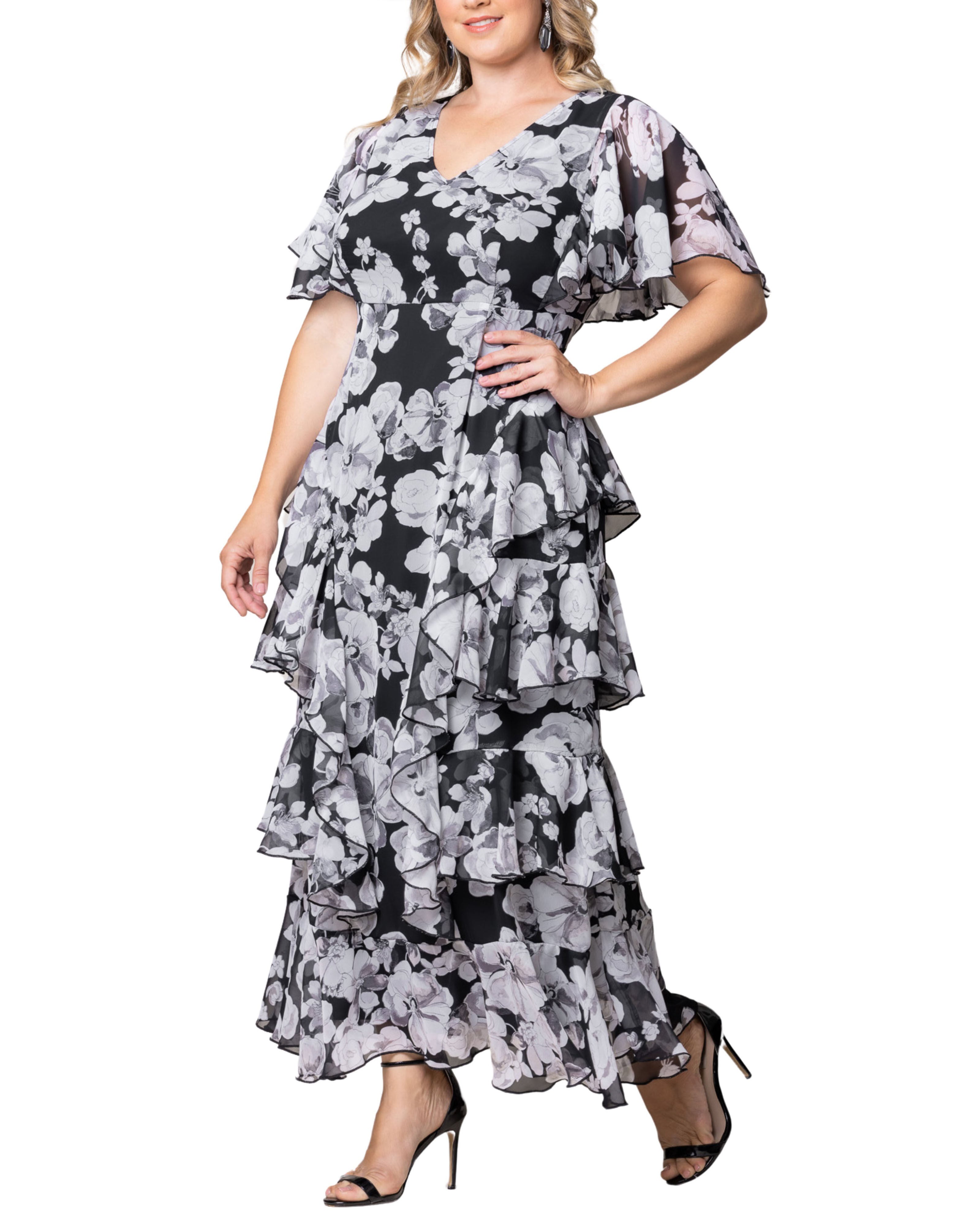 Tour de Flounce Chiffon Evening Gown, GRAYSCALE BLOOMS / Black, alternate image number 3