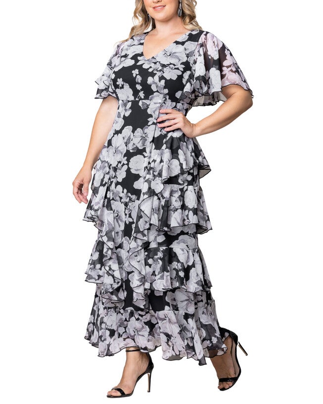 Tour de Flounce Chiffon Evening Gown, GRAYSCALE BLOOMS / Black, alternate image number 3