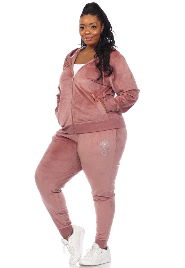 Rhinestone 2 Piece Velour Tracksuit Set, Pink / Pink, alternate image number 1