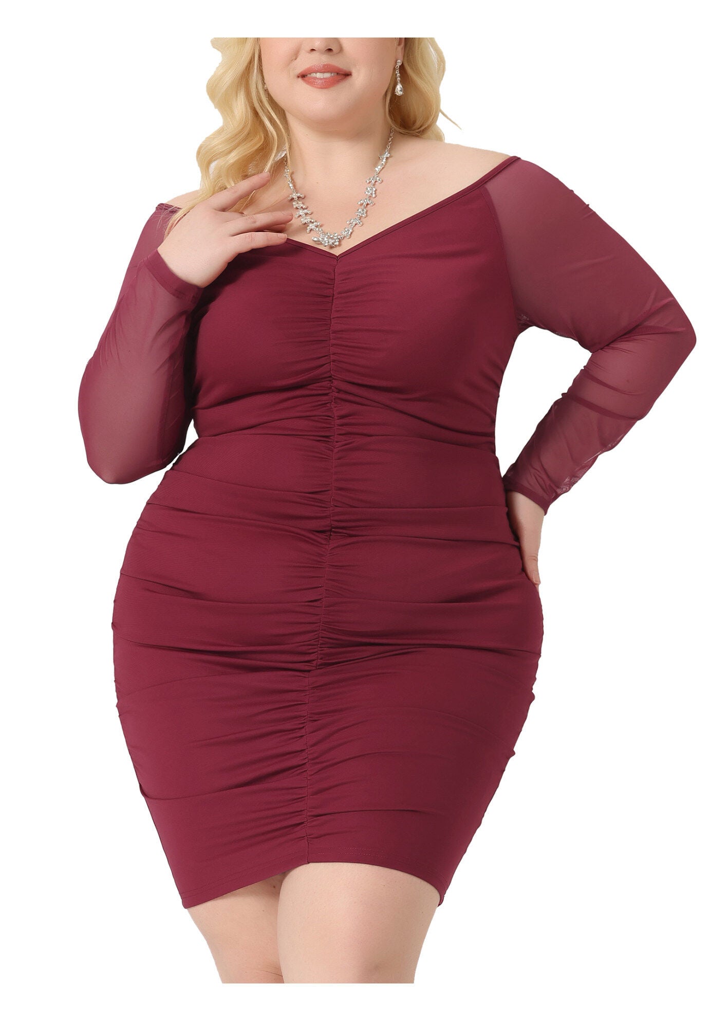 Off Shoulder Mesh Long Sleeve Ruched Cocktail Bodycon Dress, Burgundy / Red, alternate image number 2