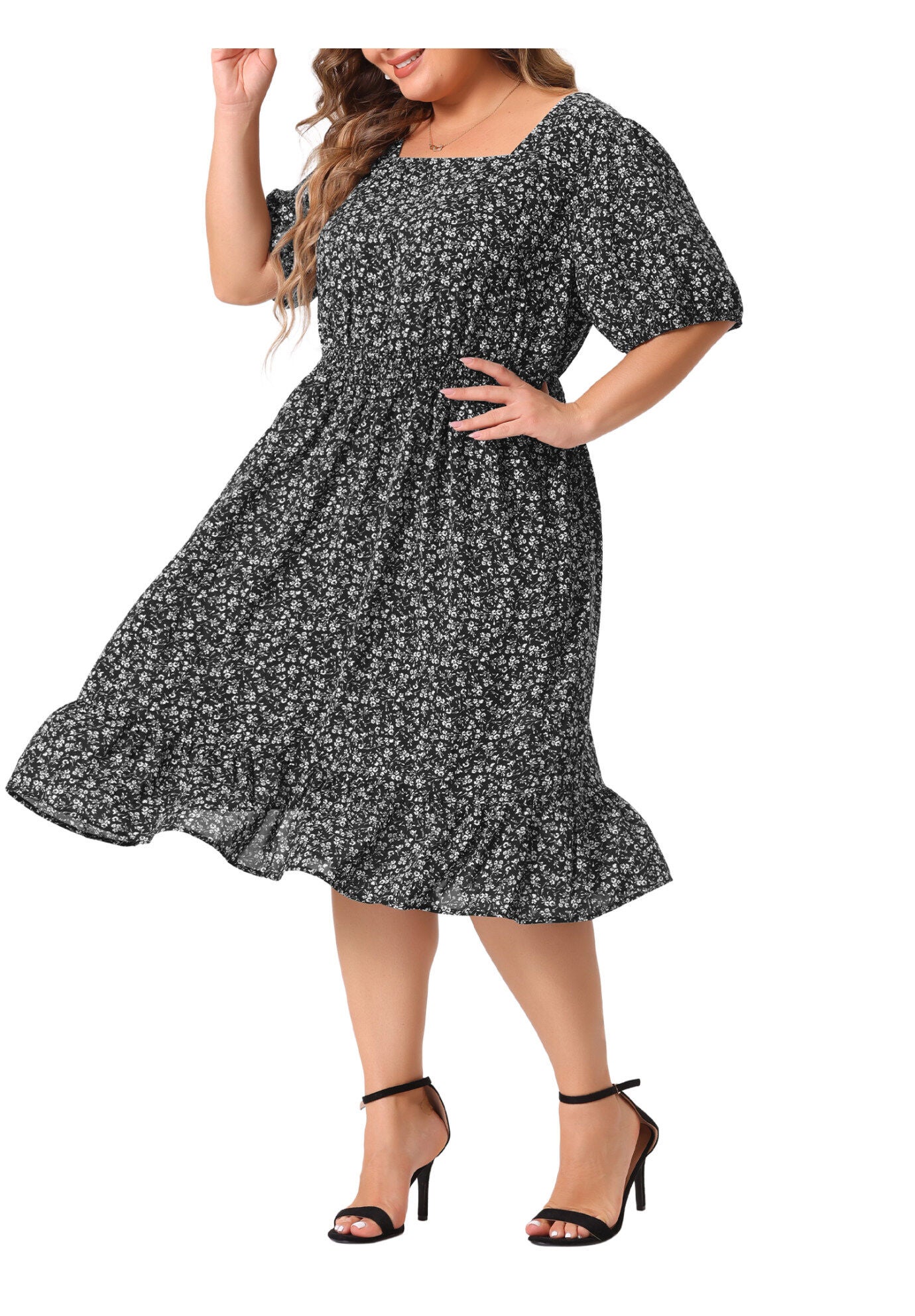 SHORT SLEEVE SQUARE NECK ELASTIC WAIST FLORAL DRESS, Black White / Black, alternate image number 1