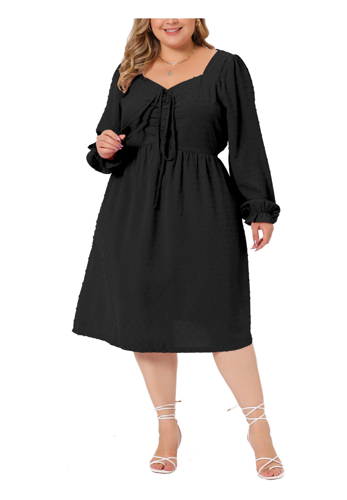 Swiss Dots Long Sleeve Sweetheart Neck Ruffle Tiered Midi Dress, Black / Black, alternate image number 2
