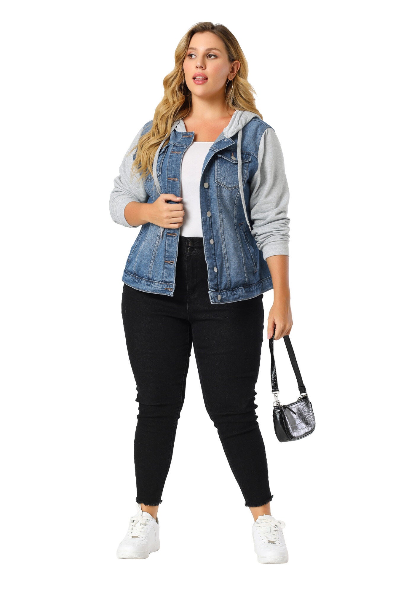 LAYERED DRAWSTRING HOODIE DENIM JEAN JACKET, Blue / Light Blue, hi-res image number 0