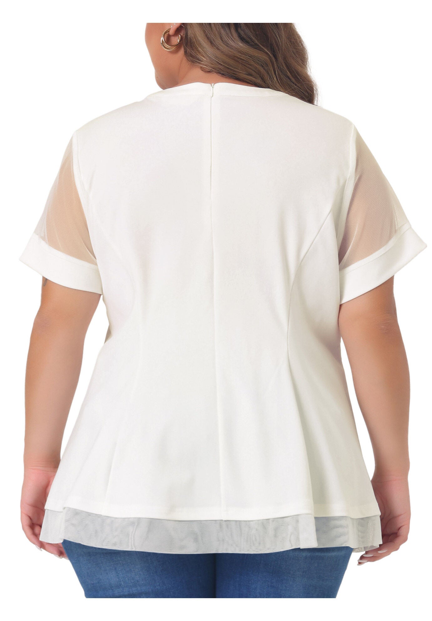 ROUND NECK SHORT SLEEVE MESH SHEER SUMMER PEPLUM TOP, White / White, alternate image number 3